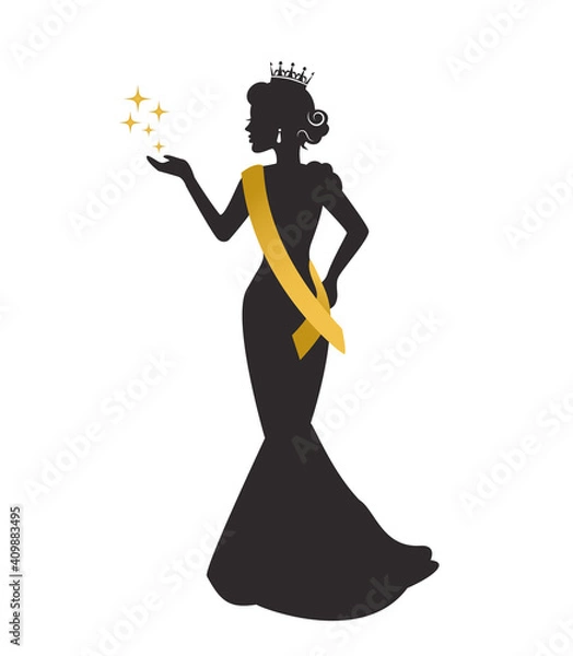 Obraz graceful silhouette of a beautiful woman in a crown, a sweater's ribbon and a long dress at a beauty pageant 