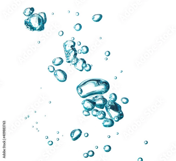 Fototapeta Bubble soda and blue oxygen air, in underwater clear liquid with bubbles flowing up on the water surface, isolated on a white background