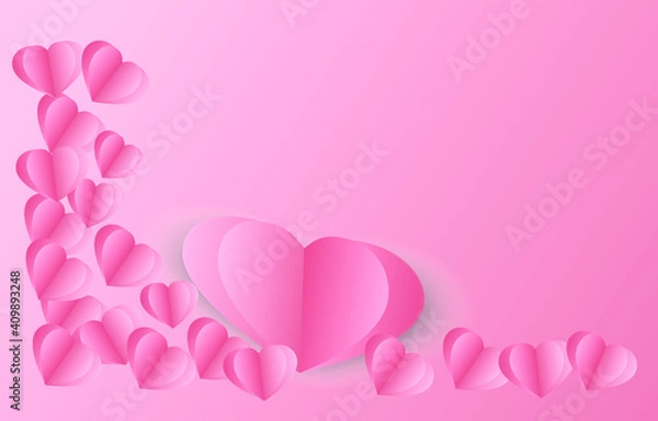 Fototapeta Pink hearts, paper elements in shape of heart flying on pink background. vector symbols of love for Happy Valentine's Day, birthday greeting card design.