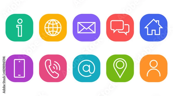 Fototapeta Set of thin line web symbol icons. home, location, globe, user, chat, correspondence, email, phone, Info, mobile. UI mobile, website elements. Vector collection of black and white buttons