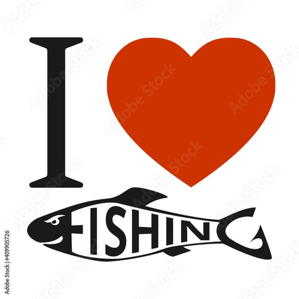 Fototapeta I love fishing. Red heart icon isolated on white background. Concept of hobby, pastime. T-shirt print graphics. Vector illustration. EPS10.