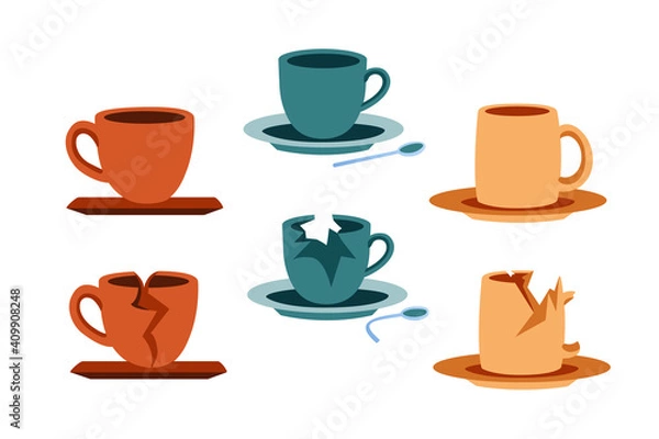 Fototapeta Set of flat illustrations of cups for tea and coffee on a white background, broken dishes, shards of mugs, crumpled teaspoon. A pogrom in the kitchen, a broken tea set, the repair of earthenware.