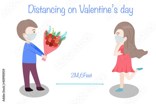 Fototapeta Happy Valentine’s Day boyfriend and girlfriend stay safe from coronavirus by wearing mask and stay keep social distancing  on there celebrating.vector illustrated 