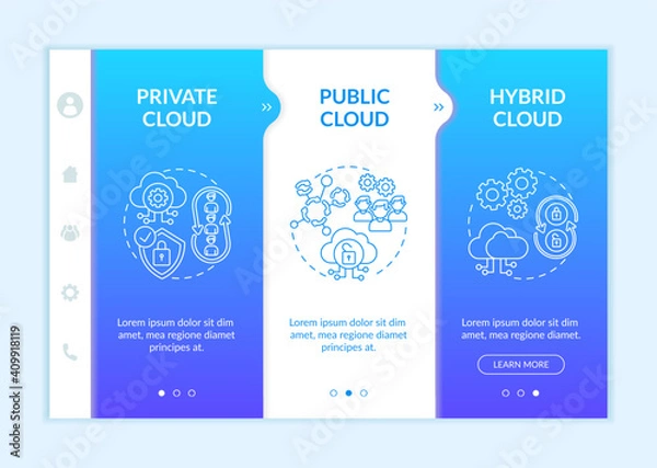 Fototapeta Software as service deployment models onboarding vector template. Private, public, hybrid clouds. Responsive mobile website with icons. Webpage walkthrough step screens. RGB color concept