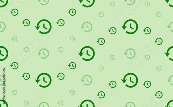 Fototapeta Seamless pattern of large and small green time back symbols. The elements are arranged in a wavy. Vector illustration on light green background