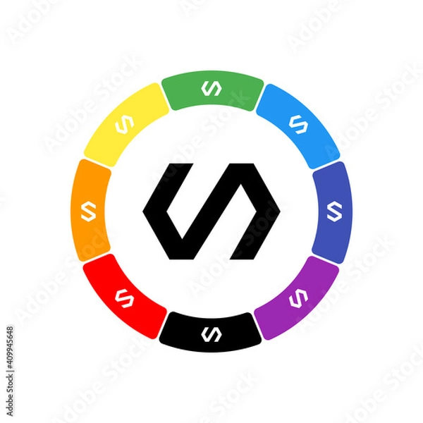 Fototapeta A large black polymer symbol in the center, surrounded by eight white symbols on a colored background. Background of seven rainbow colors and black. Vector illustration on white background