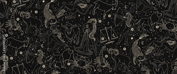 Fototapeta Seamless pattern - signs of the zodiac. Gold illustration of astrological signs on a dark background. Magical illustrations of women and animals in the starry sky.