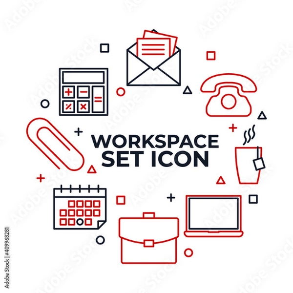 Fototapeta office workspace and workplace set icon. Office and business pack symbol vector illustration.