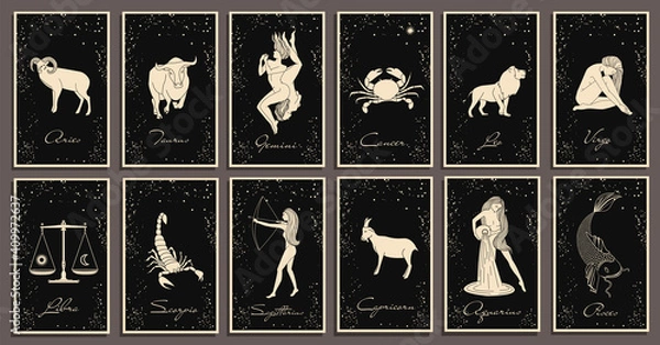 Fototapeta Zodiac signs collection. Mystical, esoteric symbols of astrology. Gold illustrations of women, animals. Mysterious images in the starry sky. Characters on the cards.