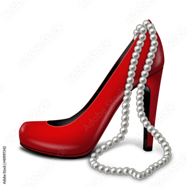 Fototapeta isolated red shoe and beads from pearls on white