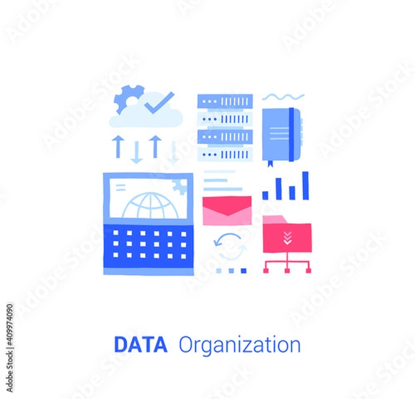 Fototapeta Doodle flat design icon vector illustration concept. Data organization, cloud storage,  hosting server center.