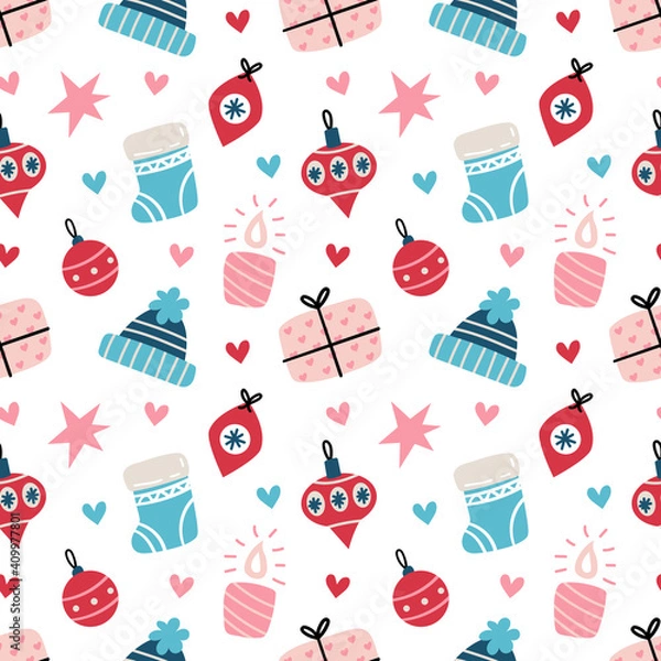 Fototapeta Seamless christmas pattern with knitted hats, socks and gift boxes. Vector pattern. Hand drawn vector background.