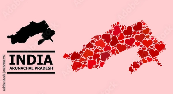 Fototapeta Love pattern and solid map of Arunachal Pradesh State on a pink background. Mosaic map of Arunachal Pradesh State composed with red hearts. Vector flat illustration for love abstract illustrations.