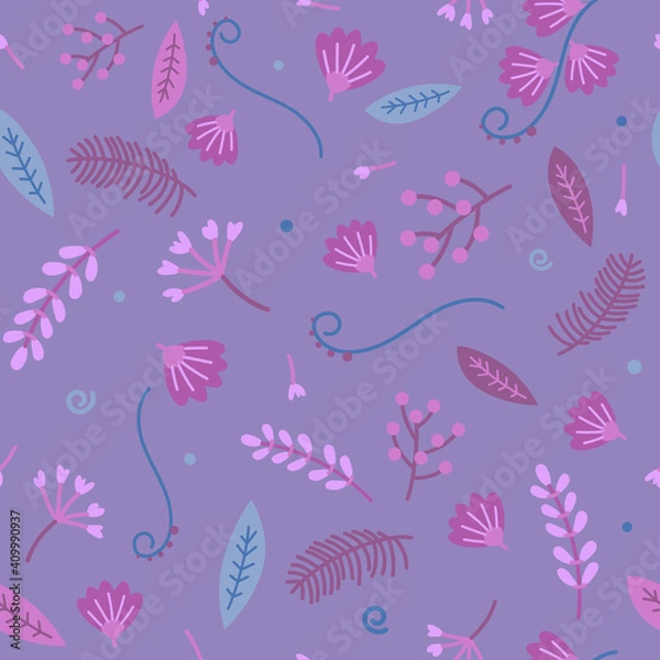Fototapeta Seamless pattern of purple, pink handdrown flowers and blue, gray leafs and plants on dark violet  background. Vector illustration.