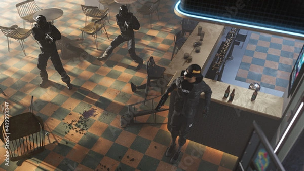 Obraz Police arrest in futuristic cyberpunk bar interior, view from above, 3D Illustration