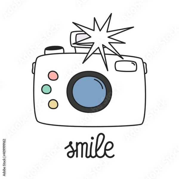 Fototapeta Doodle camera. Retro photocamera, line photography element. Isolated vintage outline illustration and smile text. Vector graphic print design