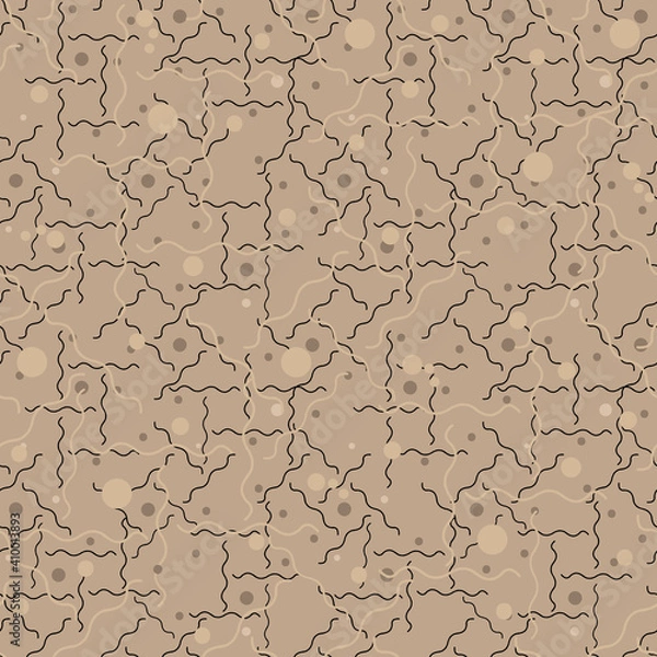 Fototapeta Seamless geometric background. Beige balls and patterns intersect with black wavy lines. Harmonious design for packaging, bedding, textiles, fabrics, underwear, T-shirts, scarves, interior decor
