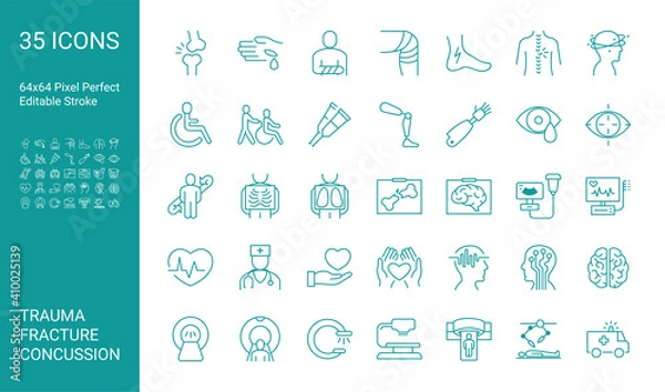Fototapeta Set of icons of trauma, fracture, concussion. Editable vector stroke. 64x64 Pixel Perfect.
