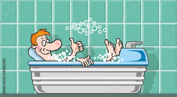 Fototapeta A satisfied man takes a bubble bath. Medical procedures in the sanatorium. Flat infographics. Vector illustration in cartoon style