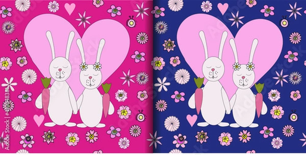 Fototapeta bunnies lovers couple seamless pattern set, cartoon characters doodles on hearts background. These cartoon bunnies in love will be great in paper, textiles, invitations, cards, prints and more. 