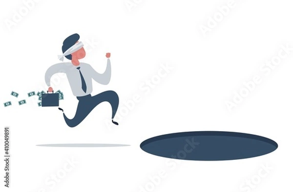 Obraz Blindfolded businessman running to find money and does not see pit hole. Vector flat design illustration.
