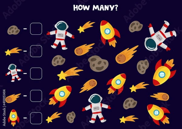 Obraz Counting game with cute cartoon space elements. Math worksheet.