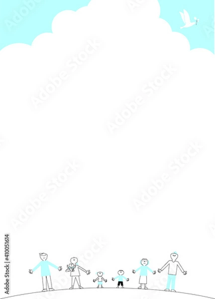 Obraz 三世代家族が白い鳩と空を見上げる