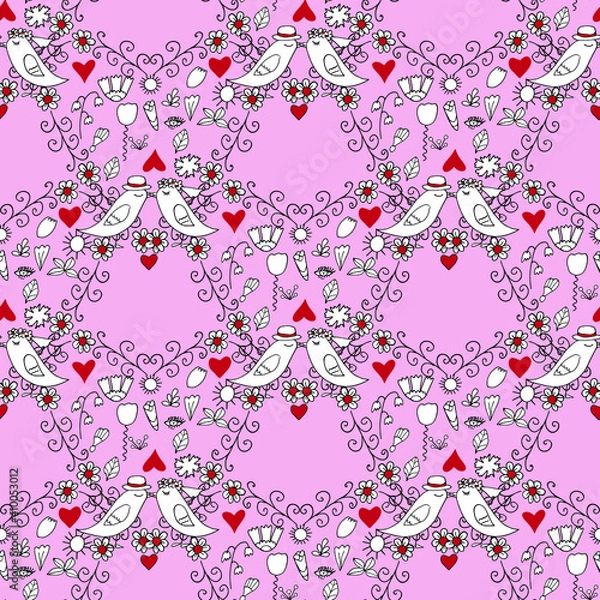 Fototapeta birds lovers couple seamless pattern vector, cartoon characters doodles on hearts background. These cartoon birds in love are great in paper, textiles, postcards, prints and more 
