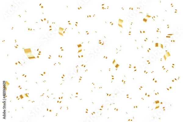 Fototapeta Falling shiny golden confetti and serpentine pieces isolated on white background.