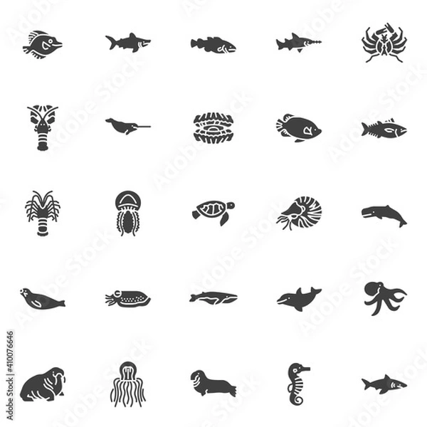 Fototapeta Marine life vector icons set, modern solid symbol collection, filled style pictogram pack. Signs, logo illustration. Set includes icons as sea fish, shark, narwhal, langoustine, jellyfish molluscs