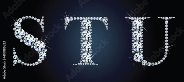 Obraz Diamond alphabet letters. Stunning beautiful S, T, U, jewelry set in gems and silver. Vector eps10 illustration.