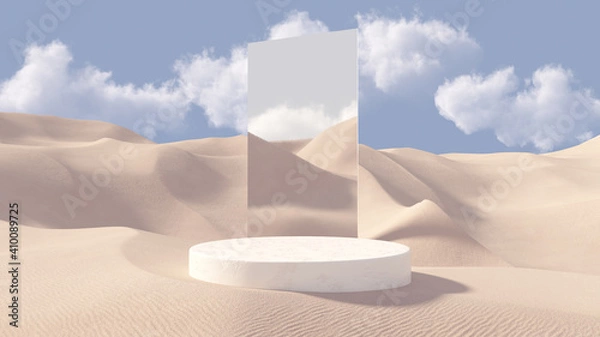 Fototapeta 3D stone pedestal premium podium with mirror behind. Sand dunes background. Minimal abstract cosmetic background for product presentation. Blank showcase mockup with empty round stage. 3D rendering.