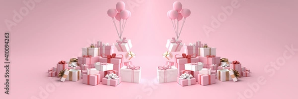 Fototapeta 3D rendering Mockup of Many pink white gift boxes lay on a pastel pink background and Conceptual of White boxes pink ribbon floating by pink balloons minimal style. can be used for Christmas, Birthday