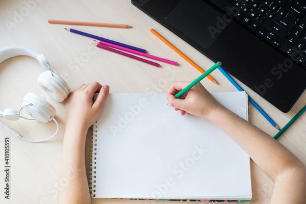 Fototapeta Mockup.  Empty blank page for for writing with color pencils