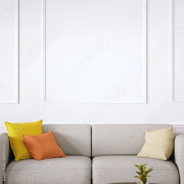 Obraz Room with Scandinavian Cozy Sofa, Side Tables and Wooden Floors, Empty Walls with Modern Fretwork