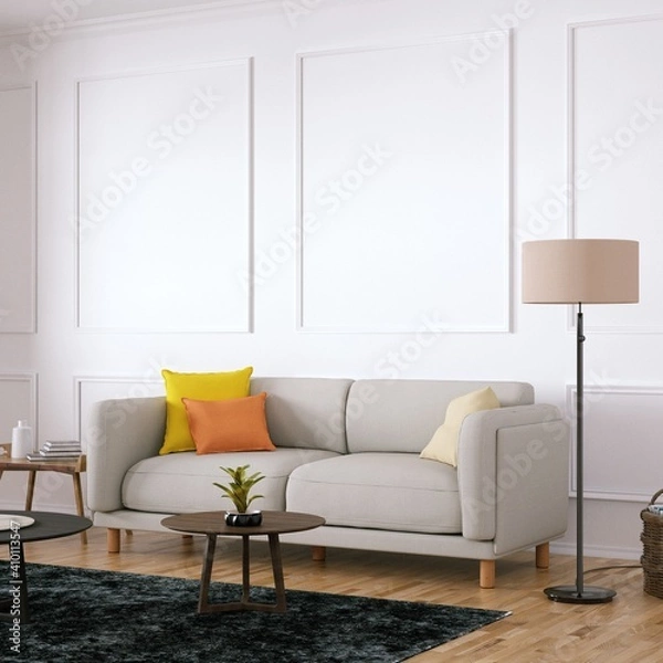 Fototapeta Room with Scandinavian Cozy Sofa, Side Tables and Wooden Floors, Empty Walls with Modern Fretwork
