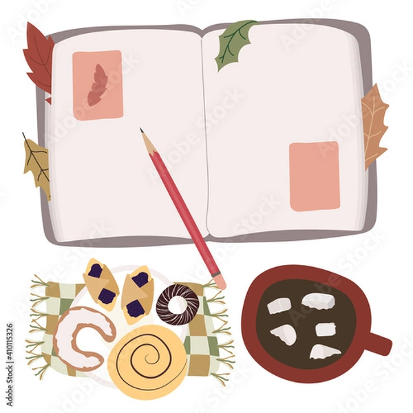 Fototapeta Diary concept. Study book and sweets. Notepad for therapy, cartoon flat workplace with cup of coffee. Cozy lifestyle vector illustration