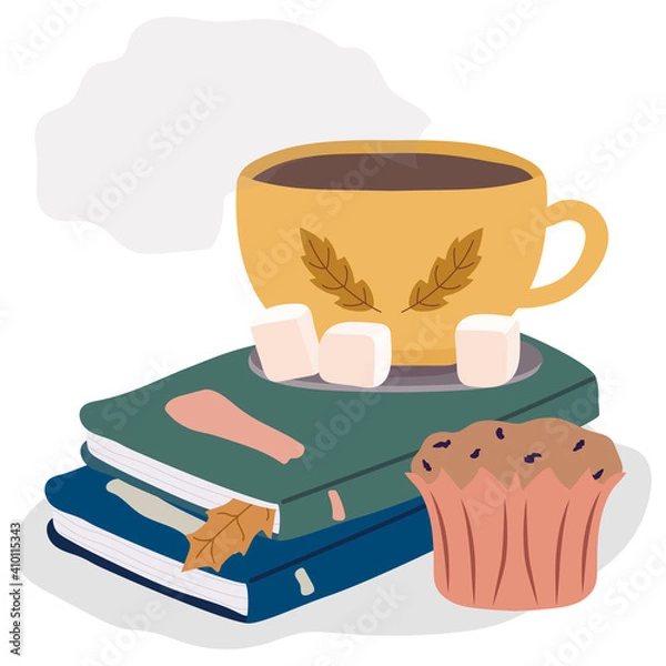 Fototapeta Book and diary. Books pile study, bookstore or library. Education concept, flat journal and cup of tea. Cozy cartoon learning vector illustration