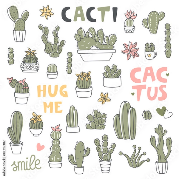 Fototapeta Cactus collection. Cute cacti, isolated garden elements. Flat succulents and lettering signs hug me and smile. Scrapbooking stickers vector set