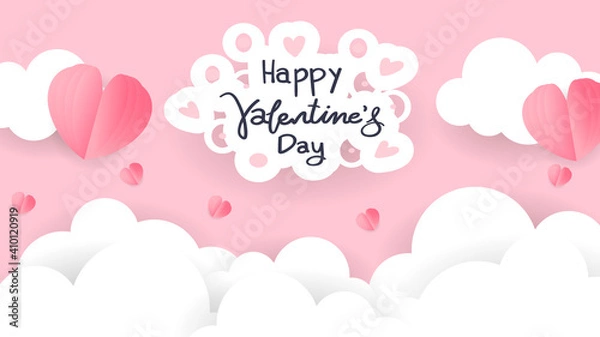 Fototapeta Happy Valentine's Day handwritten  with Cloud paper and heart background on pink background. Vector Illustration EPS 10