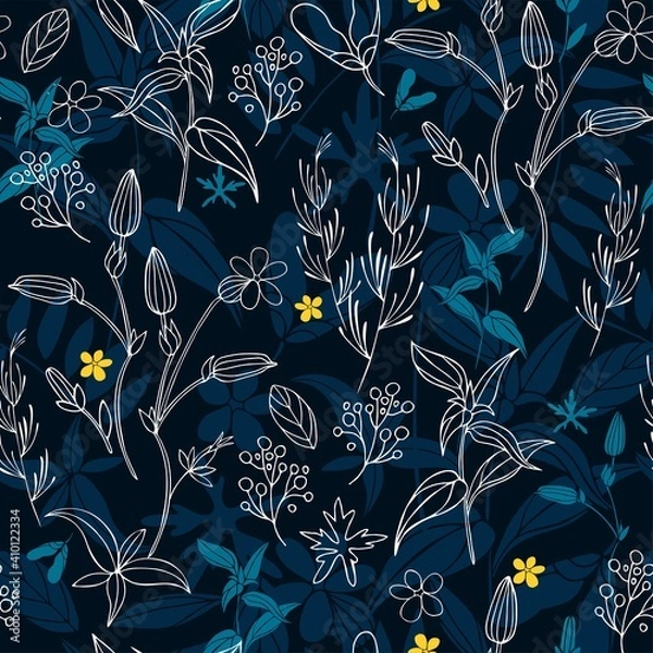 Fototapeta Seamless pattern with white contoured flowers, herbs and leaves on a dark background. Flat vector pattern.
