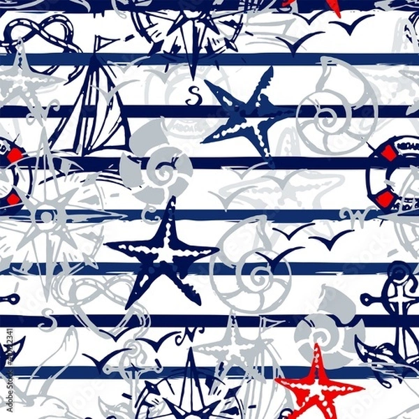 Fototapeta Seamless pattern with marine paraphernalia. Blue stripes in the background.
