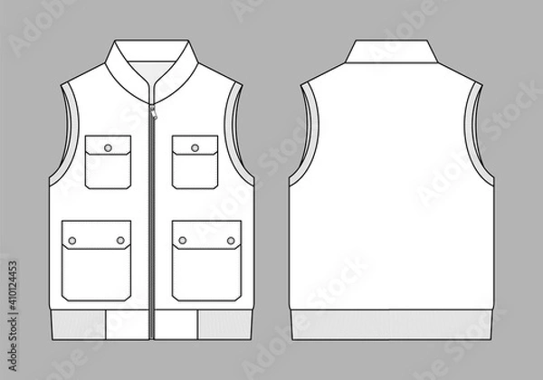 Obraz White Vest with Multiple Pockets Template on Gray Background. Front and Back Views, Vector File.