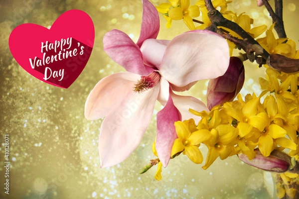 Obraz Happy Valentines Day greeting card or banner. Poster with beautiful pink magnolia and bokeh lights
