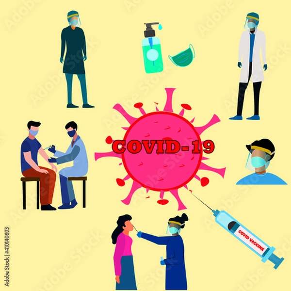 Fototapeta Covid-19 prevention and vaccination by health workers and doctors giving vaccine, taking covid samples and wearing masks