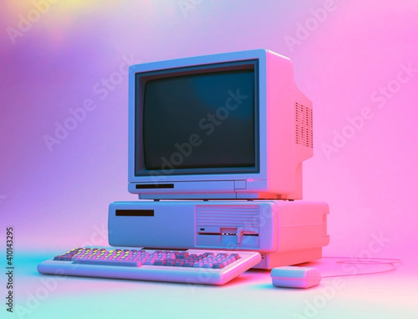 Fototapeta Vintage Desktop PC with Floppy Drive, Keyboard and Mouse in Neon Lightning. 3D Rendering.