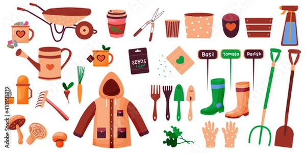 Fototapeta Gardening tools illustration in flat style. seedlings, garden tools and cutter. Fertilizer, gloves, insecticide, pitchfork, wheelbarrow and watering can. Eps 10