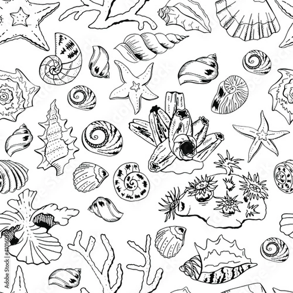 Fototapeta Seamless pattern with corals,shells and starfishes. Endless texture for your design