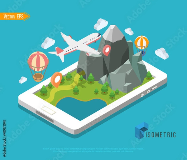 Fototapeta Flat map mobile GPS navigation infographic 3d isometric concept. Tablet, phone, digital map paper route pin markers.