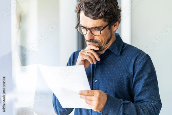 Fototapeta Business man wearing glasses  holding paper document. Successful male portrait thinking and reading contract at the office by the window